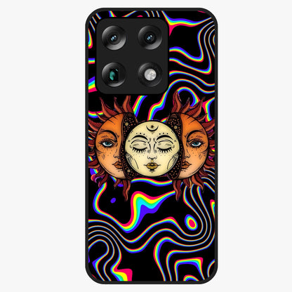 Psychedelic Sun Glass Case showing flat back view with colorful psychedelic sun artwork and glossy glass finish.