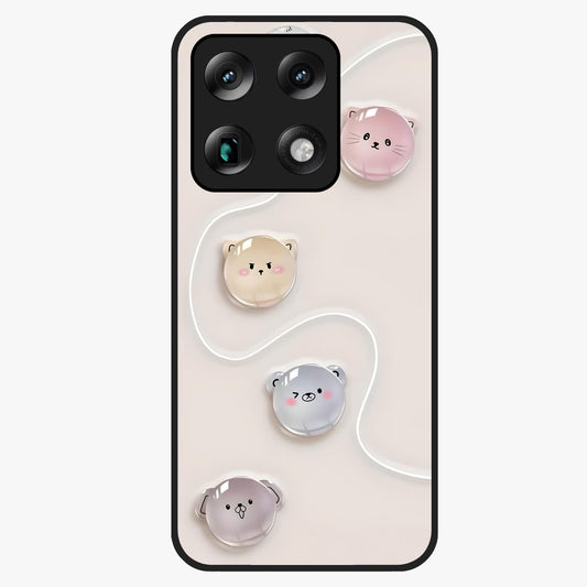 Puffy Face Parade Glass Case showing flat back view with cute puffy character faces artwork and glossy glass finish.