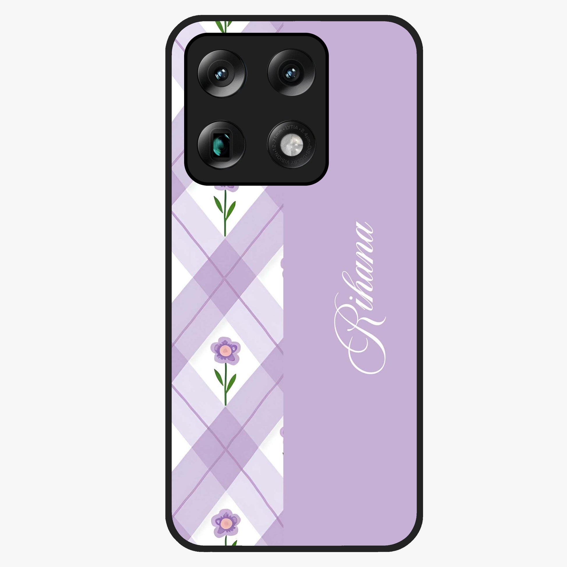 Purple Diamond Floral Glass Case showing flat back view with diamond shaped floral artwork and glossy glass finish.