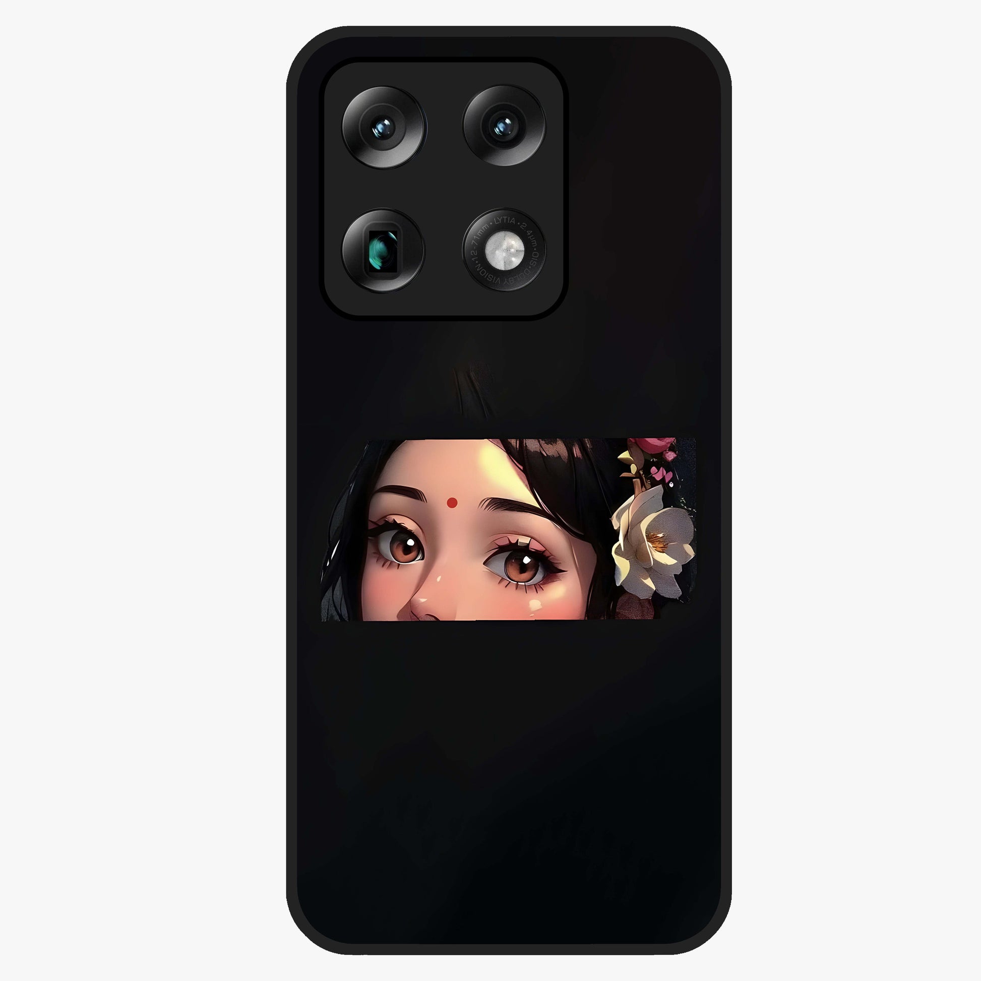 Radha Divine Embrace Glass Case showing flat back view with devotional Radha artwork and glossy glass finish.