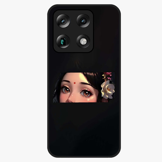 Radha Divine Embrace Glass Case showing flat back view with devotional Radha artwork and glossy glass finish.