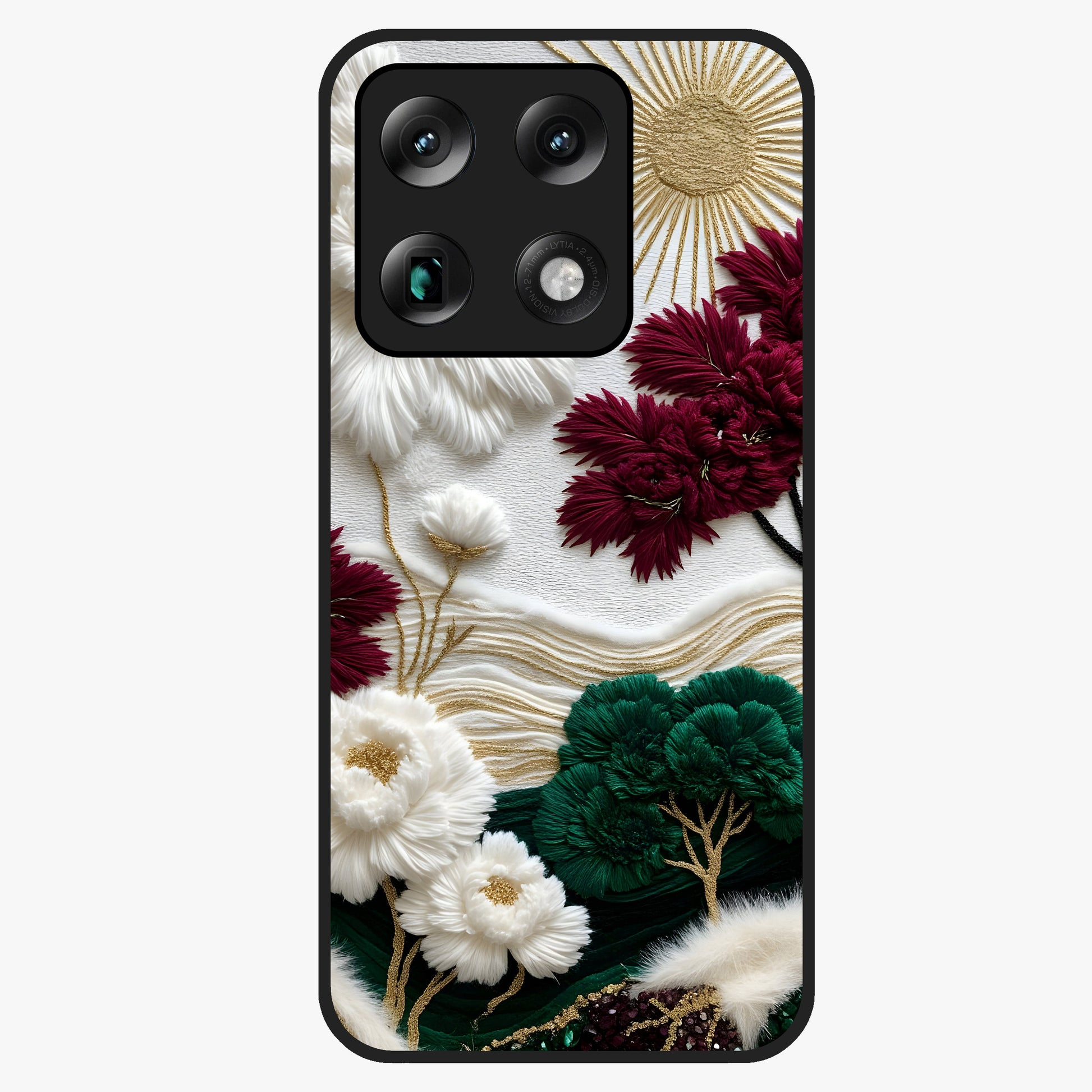 Radiant Bloom Elegance Glass Case showing flat back view with elegant blooming flower artwork and glossy glass finish.