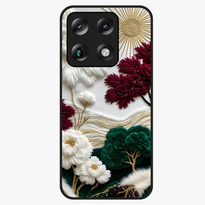 Radiant Bloom Elegance Glass Case showing flat back view with elegant blooming flower artwork and glossy glass finish.