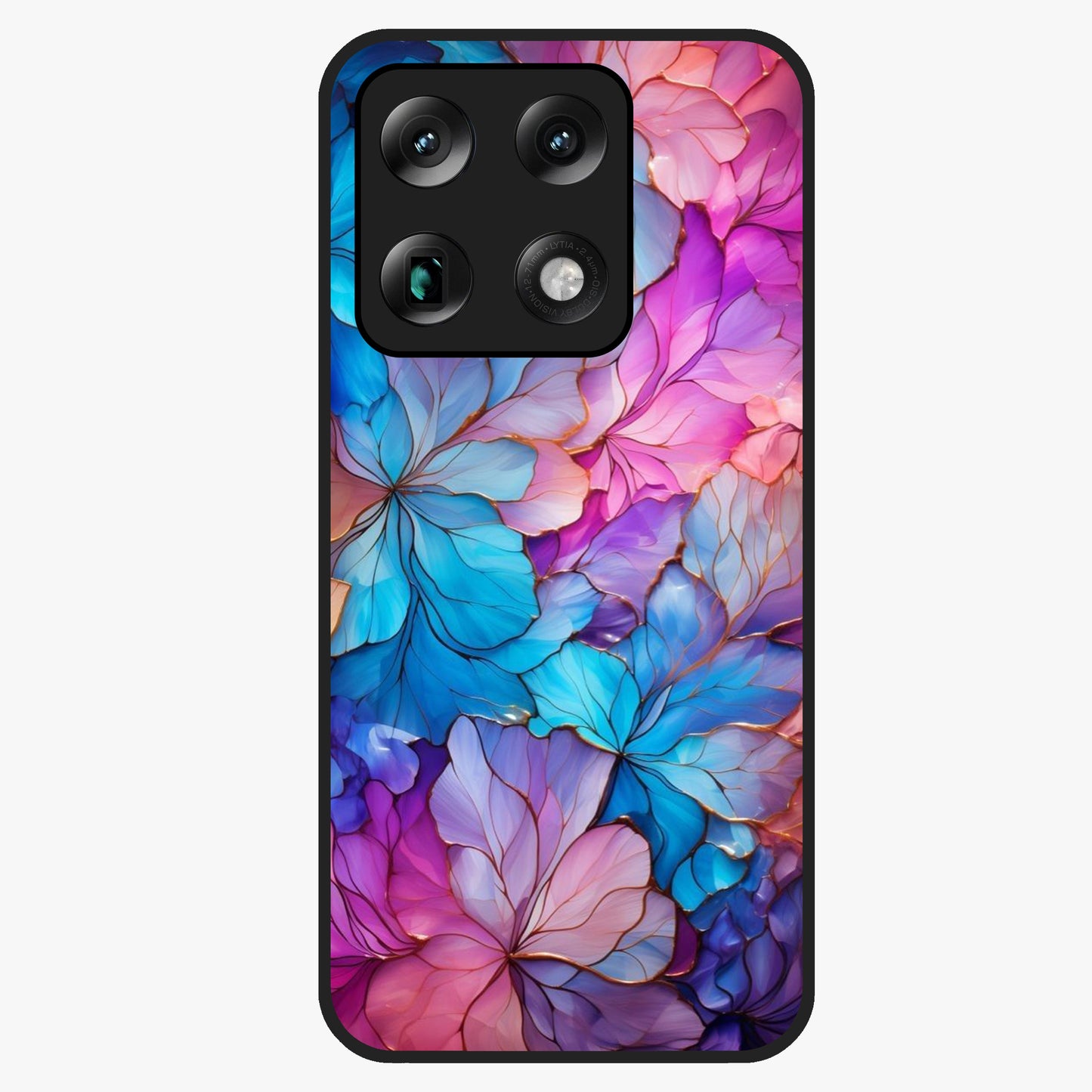 Radiant Floral Whirl Glass Case showing flat back view with swirling floral artwork and glossy glass finish.