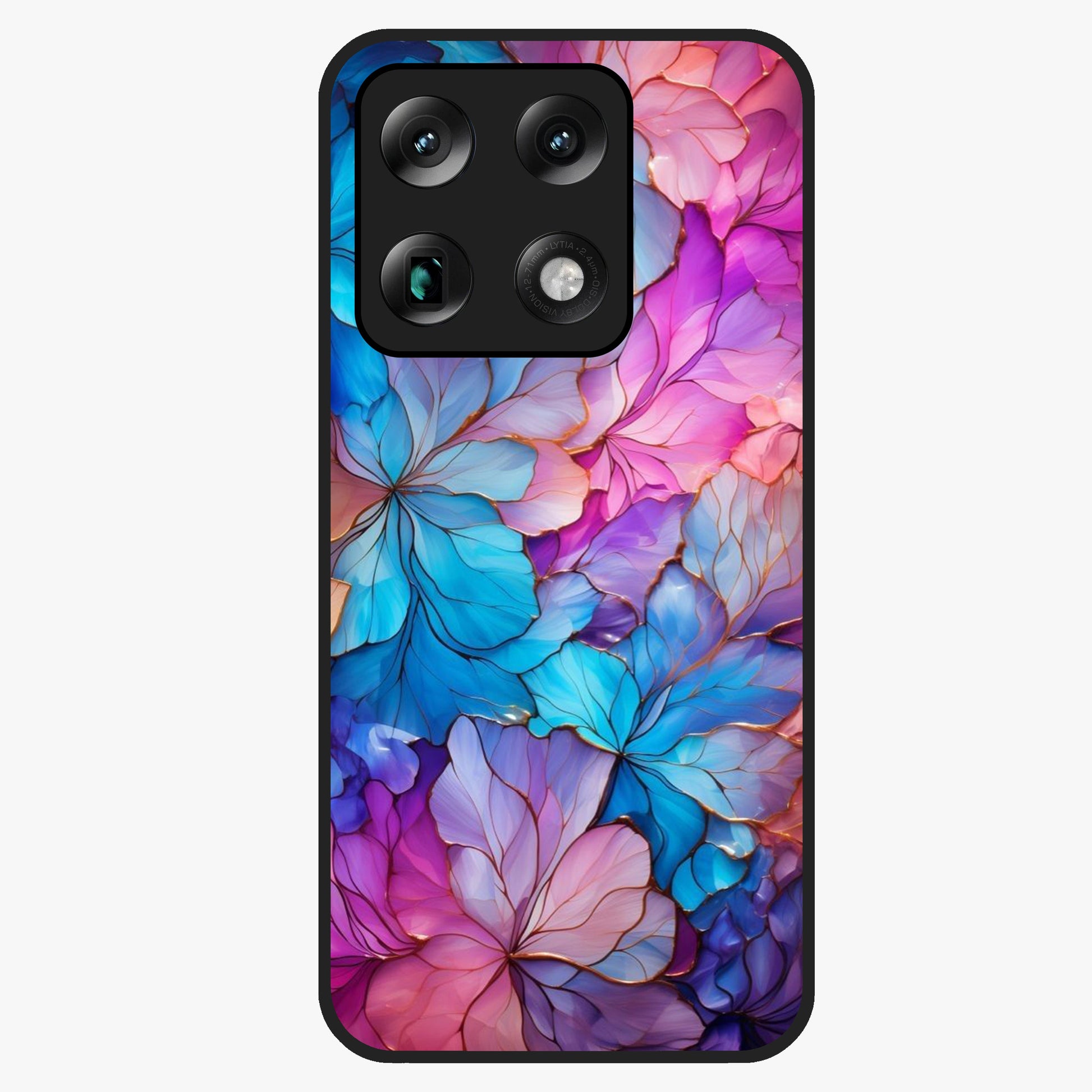 Radiant Floral Whirl Glass Case showing flat back view with swirling floral artwork and glossy glass finish.