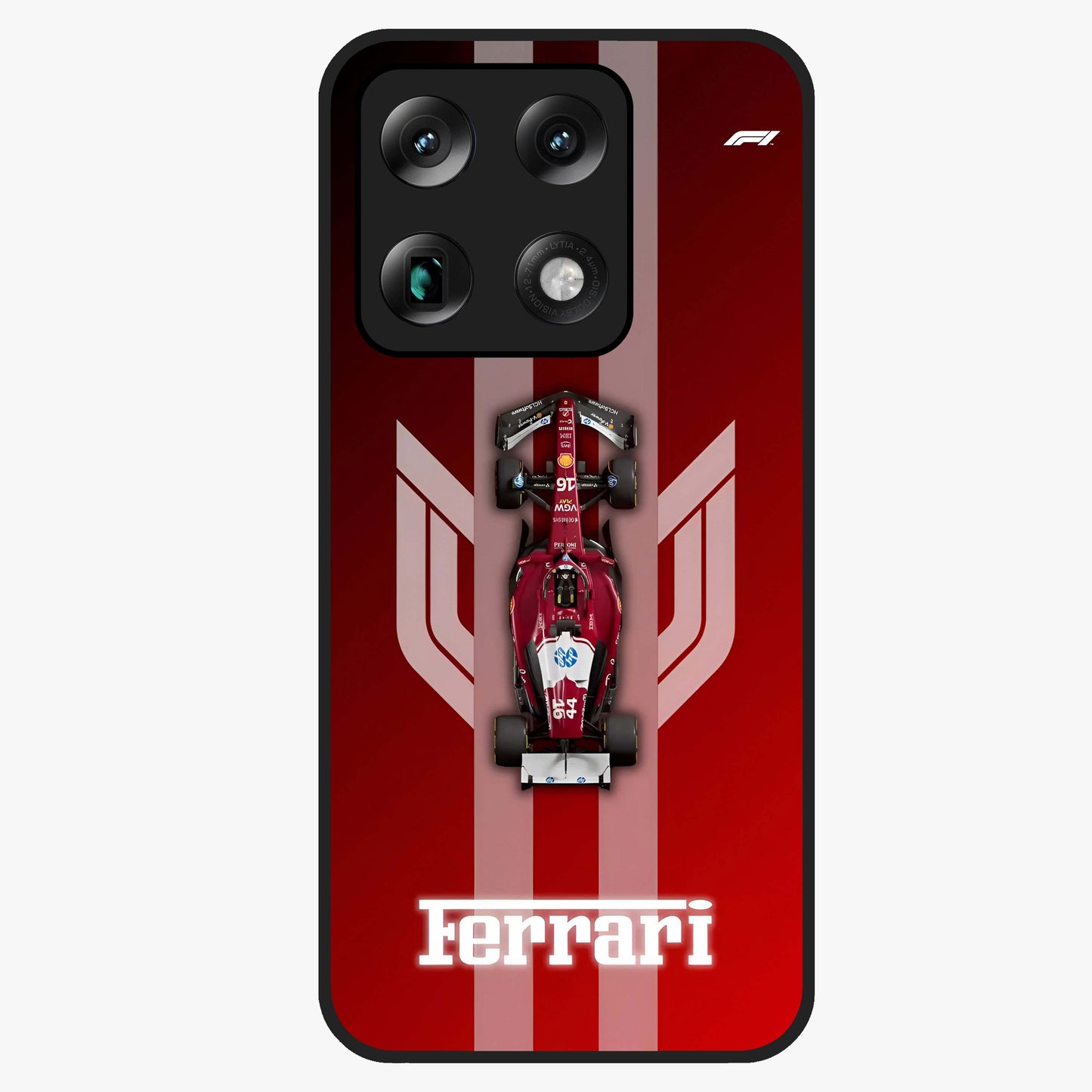 Red Ferrari F1 Vertical Glass Case showing flat back view with sleek Formula racing car artwork and glossy glass finish.
