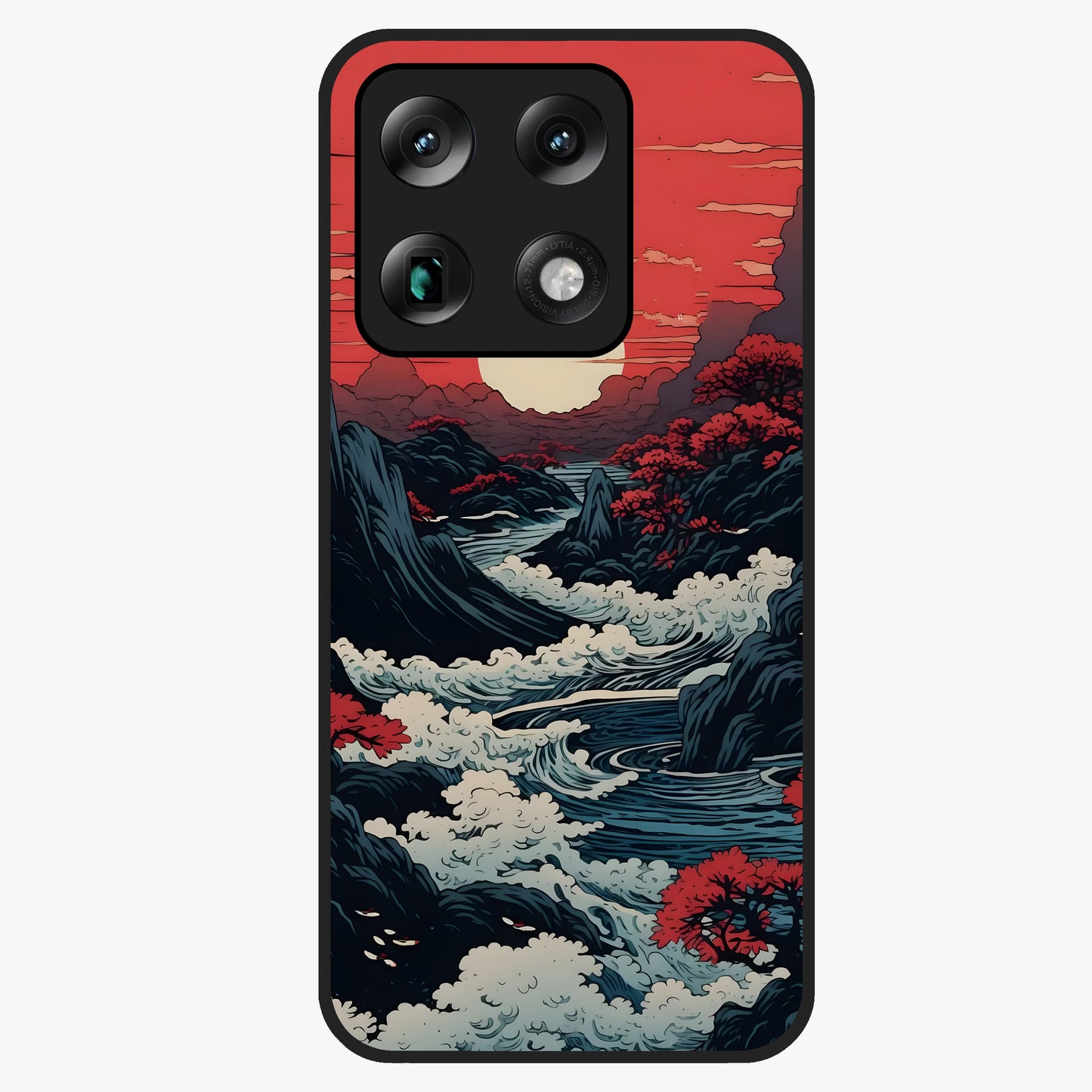 Red Sunset Scenery Glass Case showing flat back view with vibrant sunset landscape artwork and glossy glass finish.
