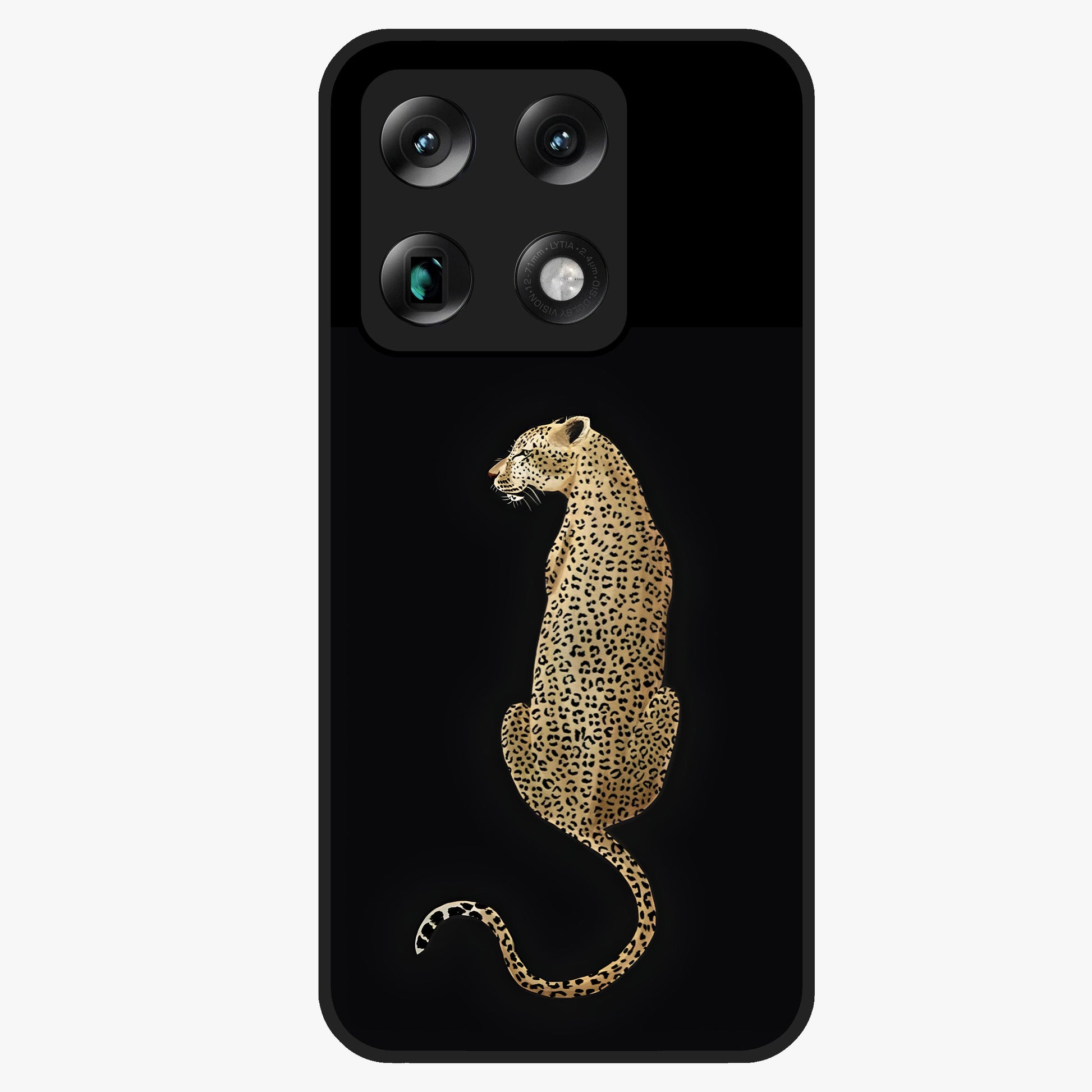 Regal Leopard Glass Case showing flat back view with bold leopard artwork and glossy glass finish.