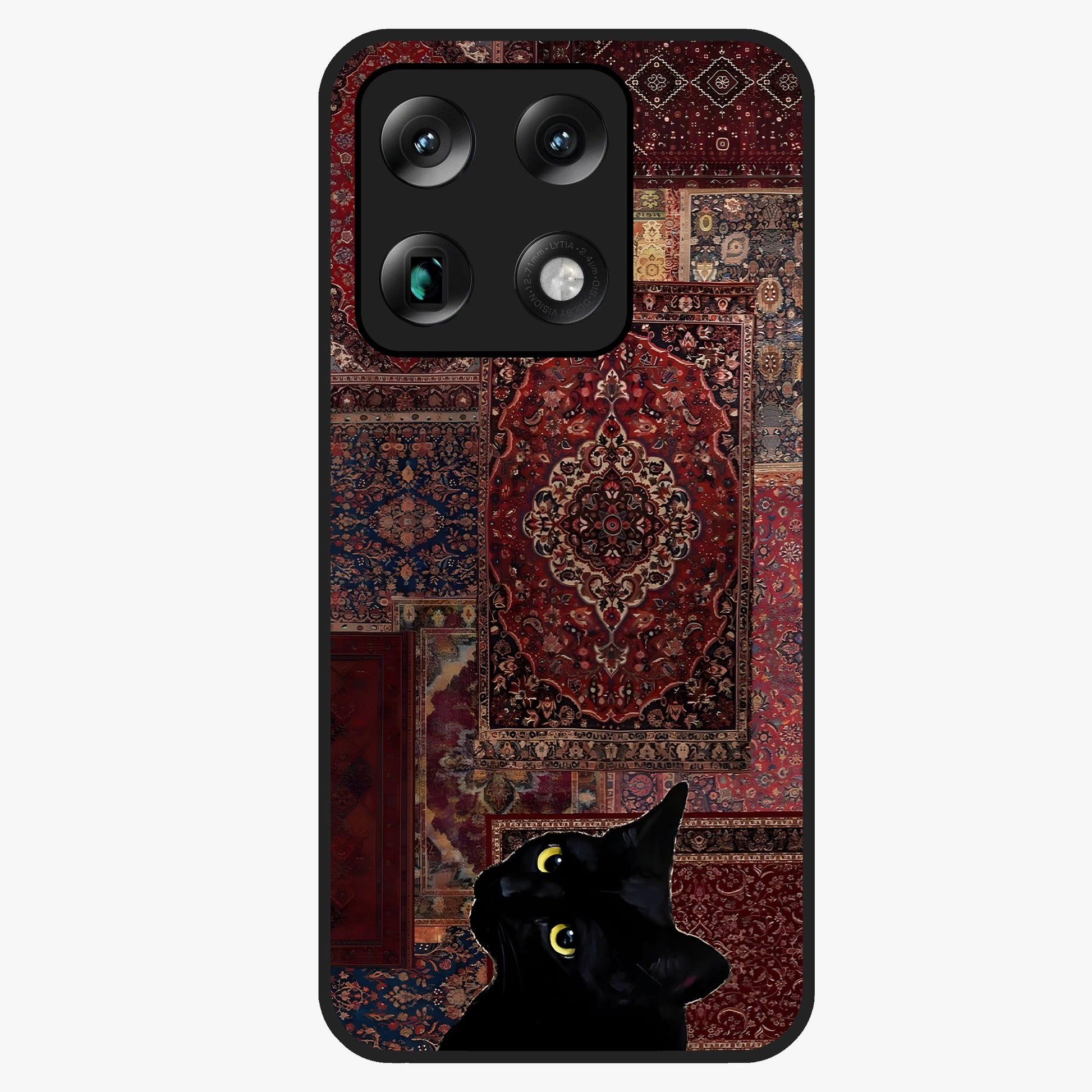 Regal Magic Cat Apple Glass Case showing flat back view with magical cat artwork holding apple and glossy glass finish.