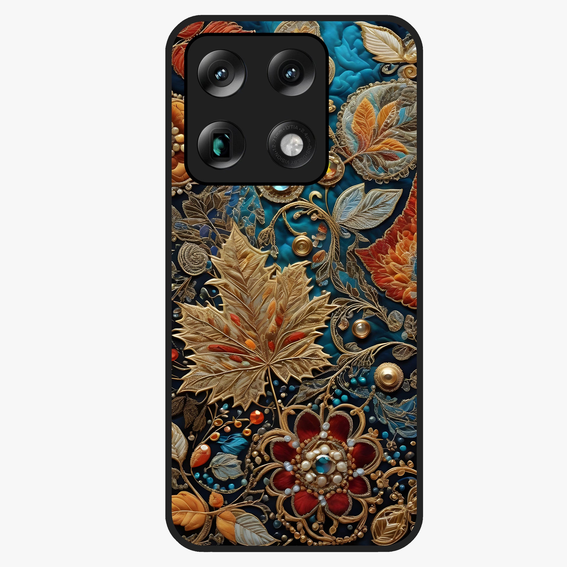 Royal Jewel Garden Glass Case showing flat back view with decorative floral garden artwork and glossy glass finish.