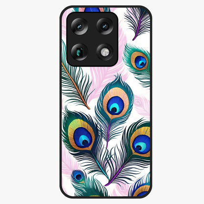 Royal Peacock Feathers Glass Case showing flat back view with colorful peacock feather artwork and glossy glass finish.