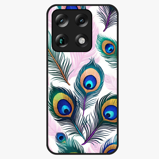 Royal Peacock Feathers Glass Case showing flat back view with colorful peacock feather artwork and glossy glass finish.