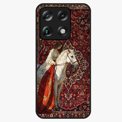 Royal Rider Tapestry Glass Case showing flat back view with majestic horse rider tapestry artwork and glossy glass finish.