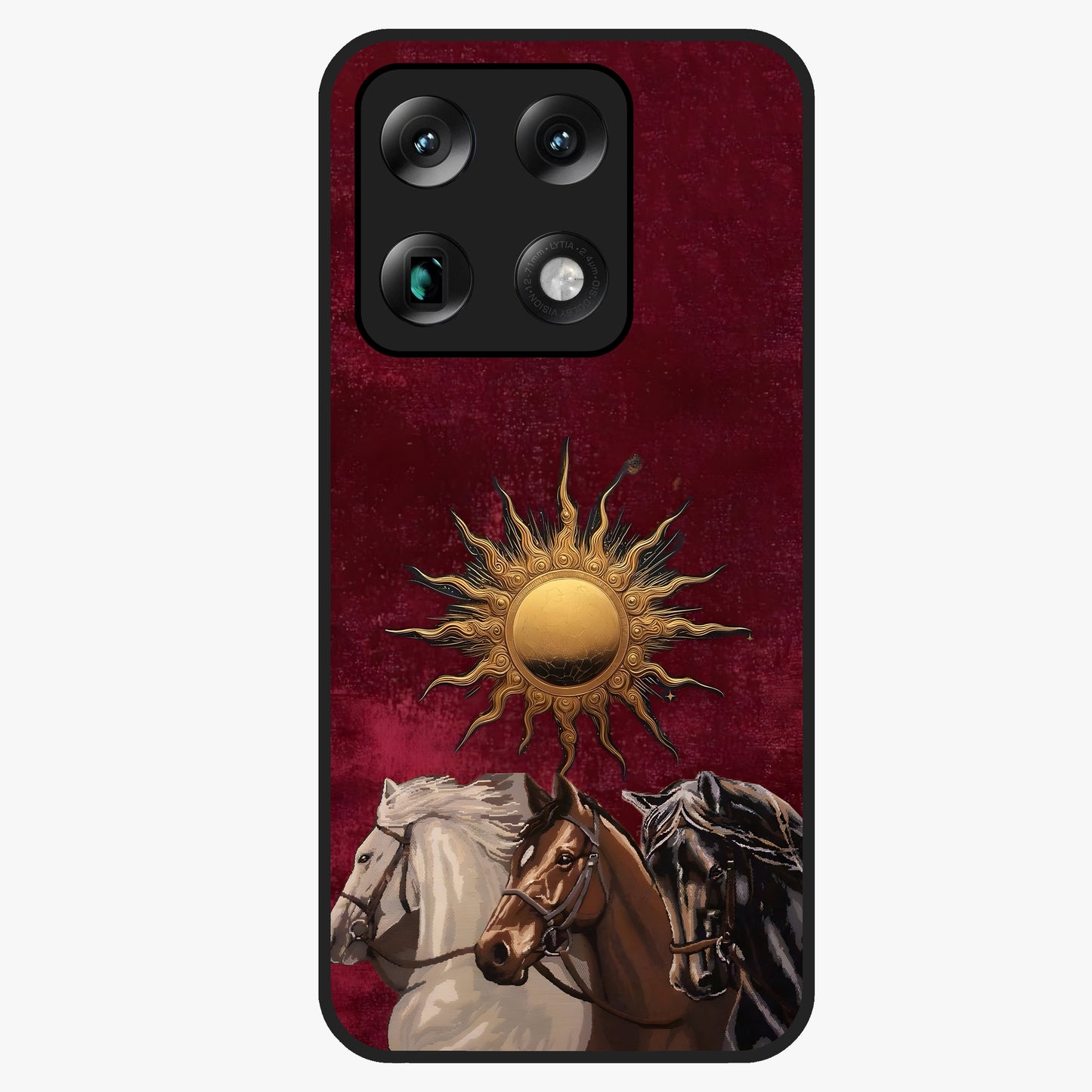 Solar Riders Glass Case showing flat back view with dynamic rider themed artwork and glossy glass finish.