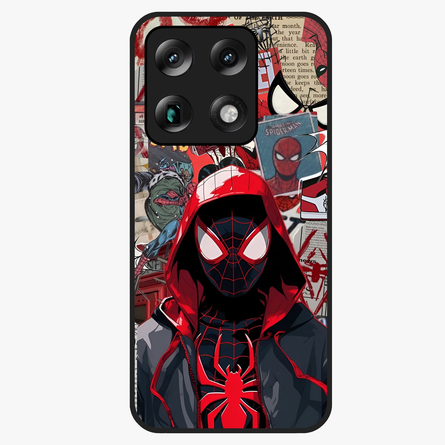 Spider Collage Street Glass Case showing flat back view with vibrant superhero collage artwork and glossy glass finish.