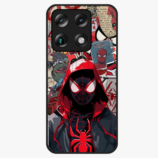 Spider Collage Street Glass Case showing flat back view with vibrant superhero collage artwork and glossy glass finish.
