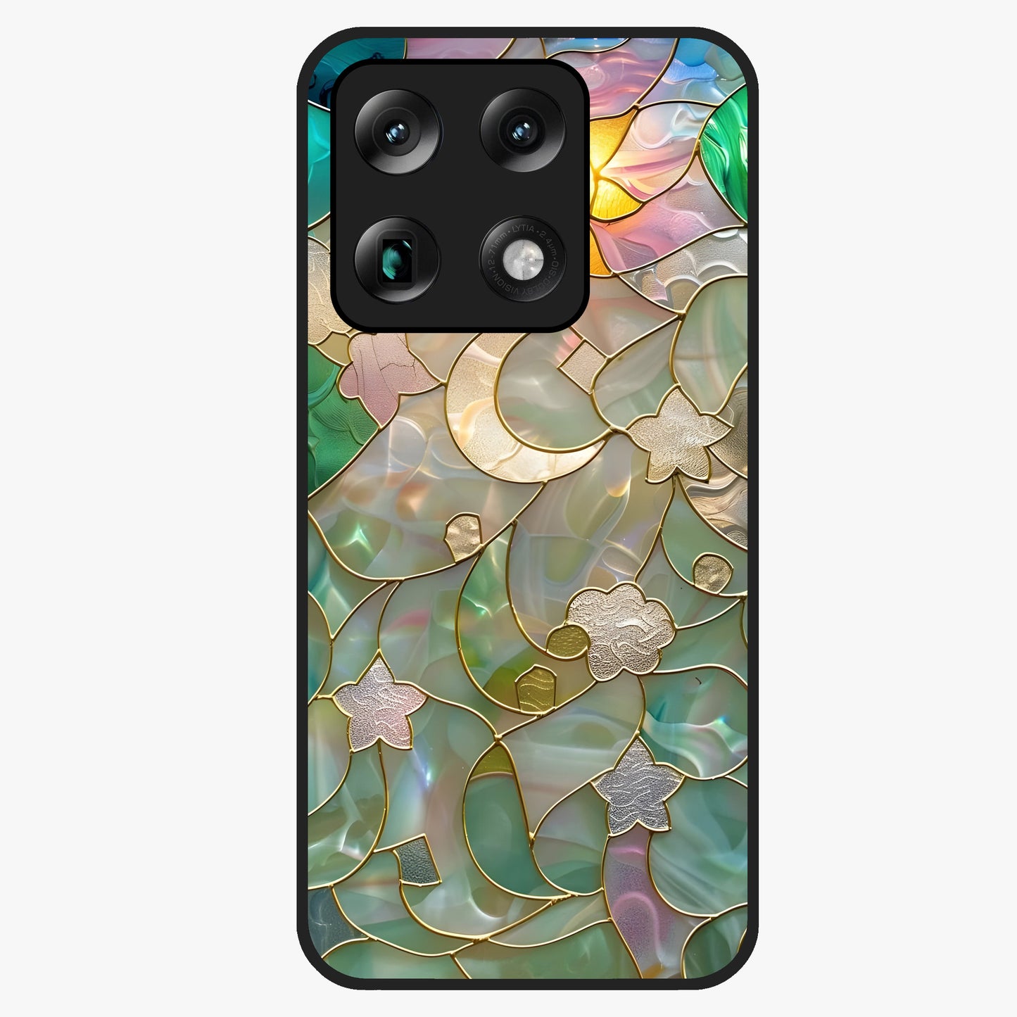 Stained Sunrise Glow Glass Case showing flat back view with glowing sunrise stained pattern artwork and glossy glass finish.