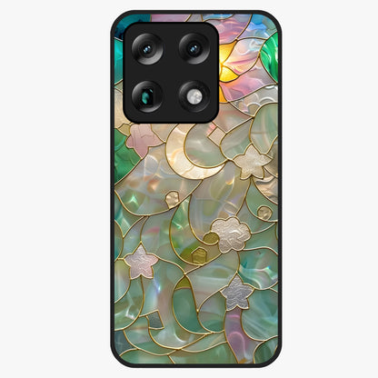 Stained Sunrise Glow Glass Case showing flat back view with glowing sunrise stained pattern artwork and glossy glass finish.