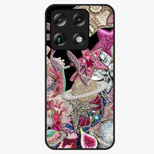 Starlit Jewel Dream Glass Case showing flat back view with sparkling jewel and star themed artwork and glossy glass finish.