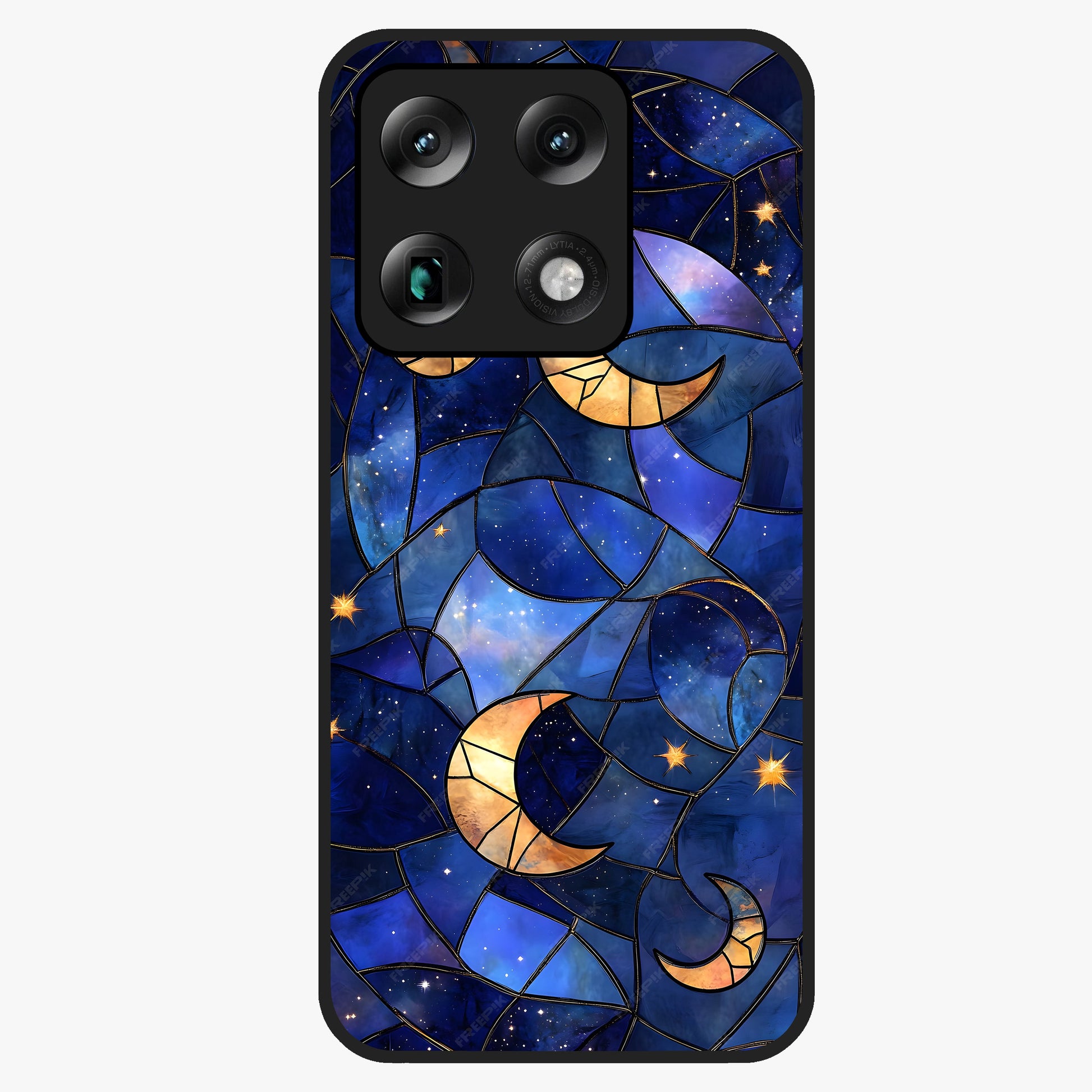 Starlit Sky Tapestry Glass Case showing flat back view with decorative starry sky tapestry artwork and glossy glass finish.