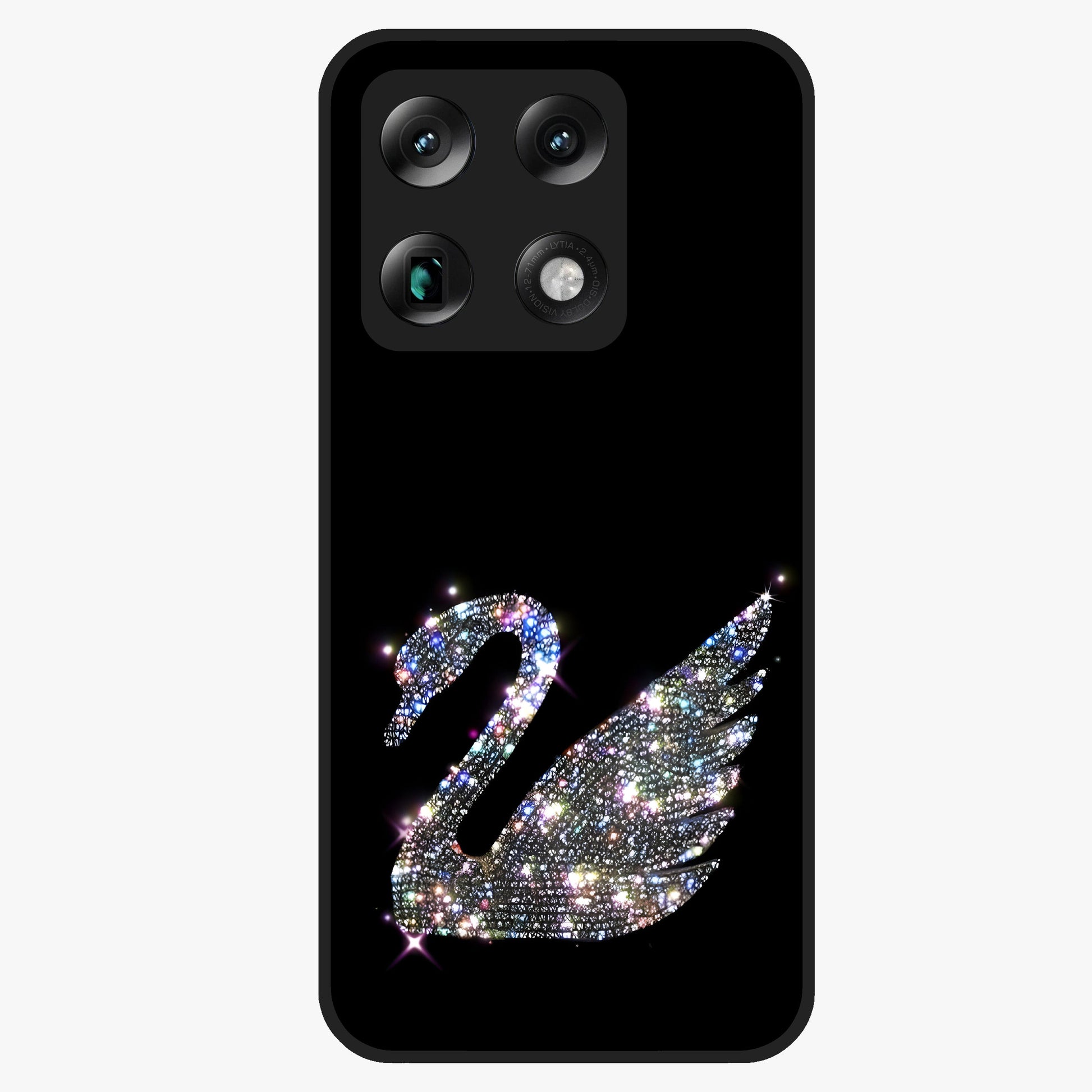 Starlit Swan Grace Glass Case showing flat back view with graceful swan artwork under starry sky and glossy glass finish.