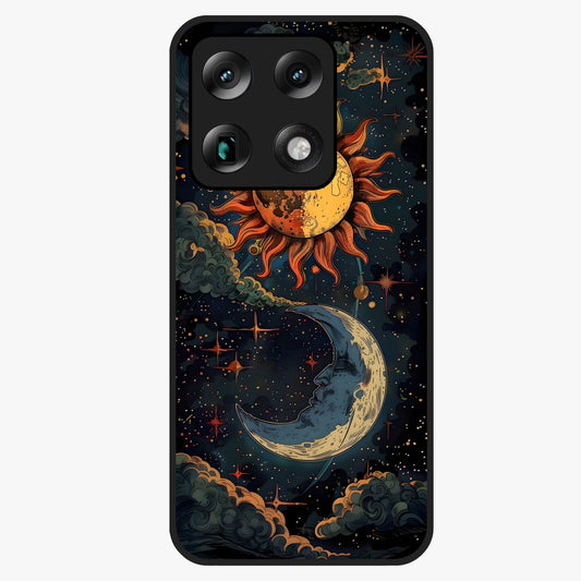 Sun And Moon Magic Design Glass Case showing flat back view with mystical sun and moon artwork and glossy glass finish.
