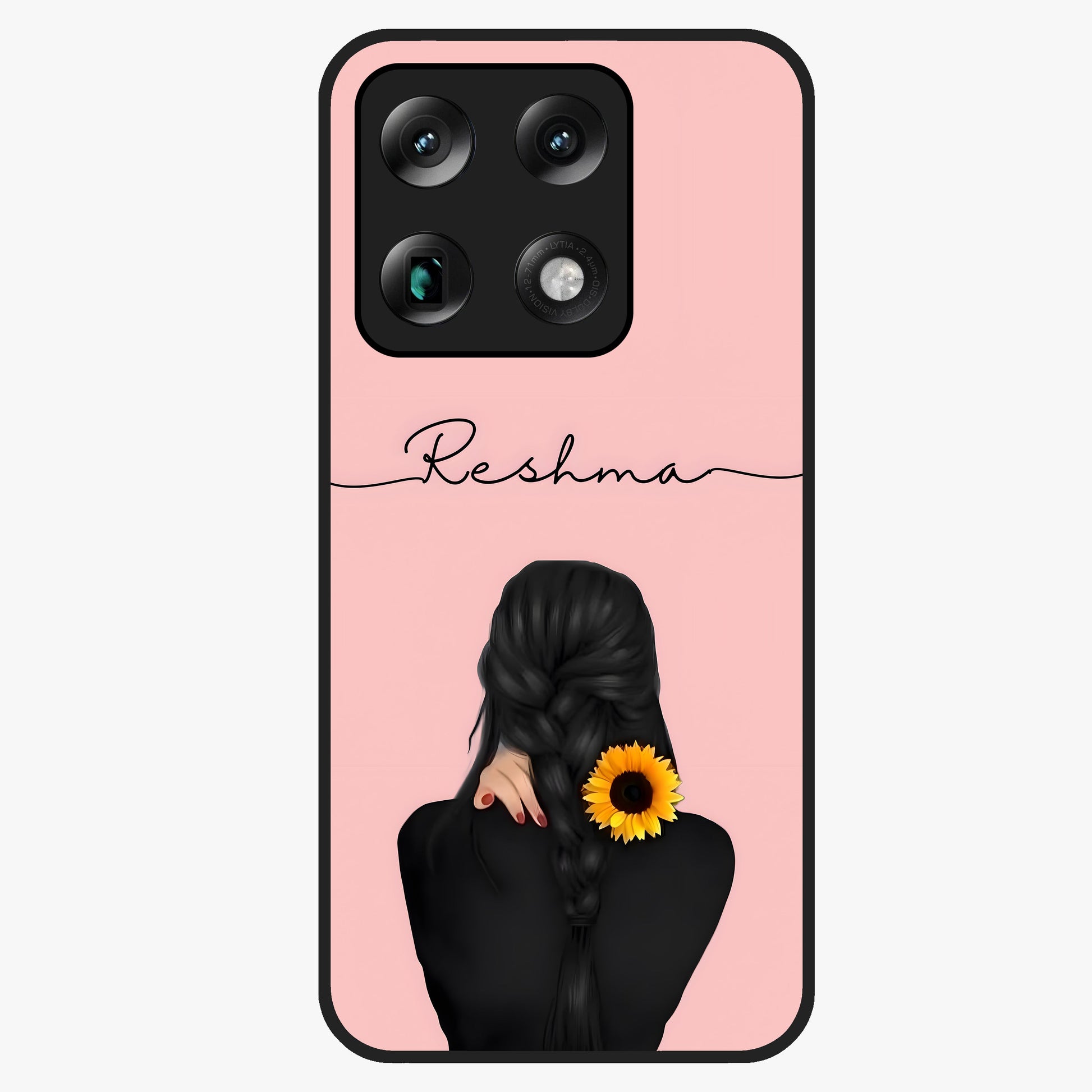 Sunflower Braid Beauty With Custom Name Glass Case showing flat back view with sunflower braid artwork and personalized name design.