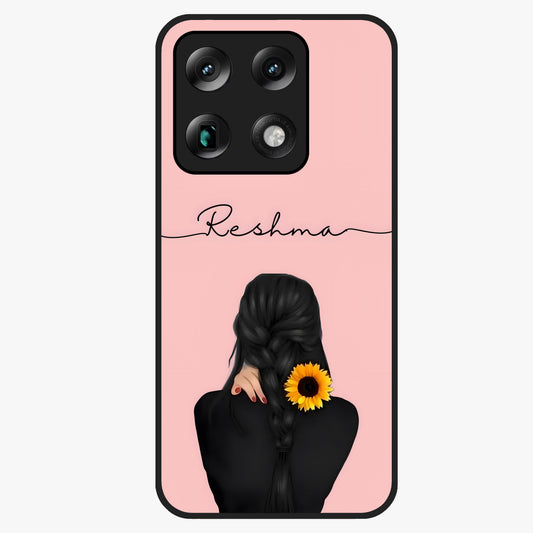 Sunflower Braid Beauty With Custom Name Glass Case showing flat back view with sunflower braid artwork and personalized name design.