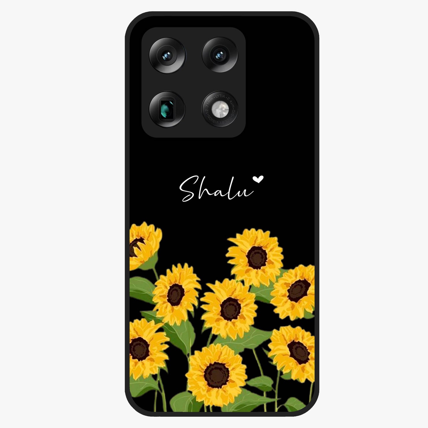 Sunflower Chic Mood Custom Name Glass Case showing flat back view with stylish sunflower artwork and personalized name design.