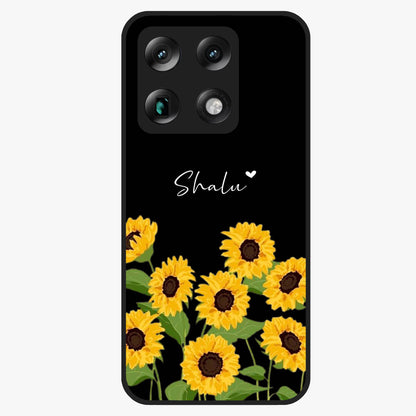 Sunflower Chic Mood Custom Name Glass Case showing flat back view with stylish sunflower artwork and personalized name design.