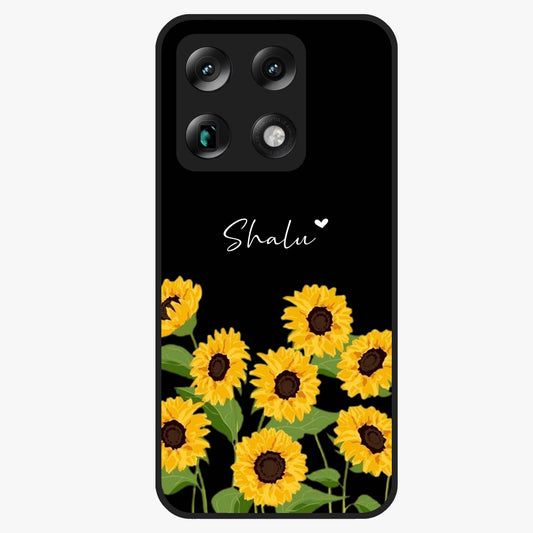 Sunflower Chic Mood Custom Name Glass Case showing flat back view with stylish sunflower artwork and personalized name design.