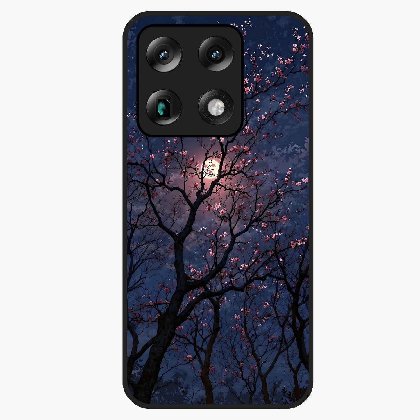 Twilight Sakura Serenade Glass Case showing flat back view with cherry blossom artwork at twilight and glossy glass finish.