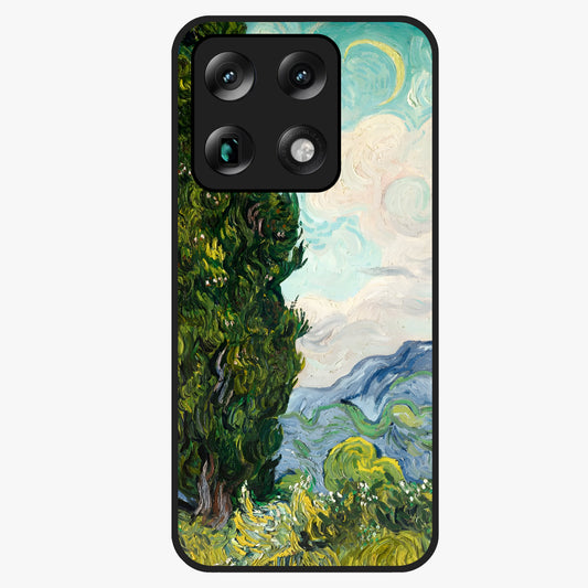 Van Gogh Vintage Art Glass Case showing flat back view with vintage painterly artwork inspired by Van Gogh style and glossy glass finish.