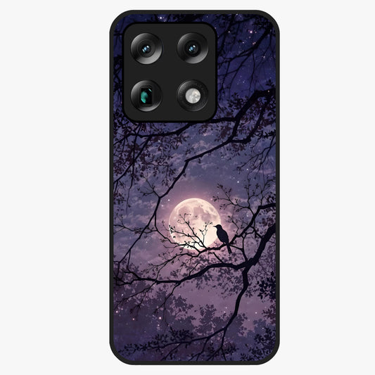 Whispering Moon Silence Glass Case showing flat back view with serene moon themed artwork and glossy glass finish.