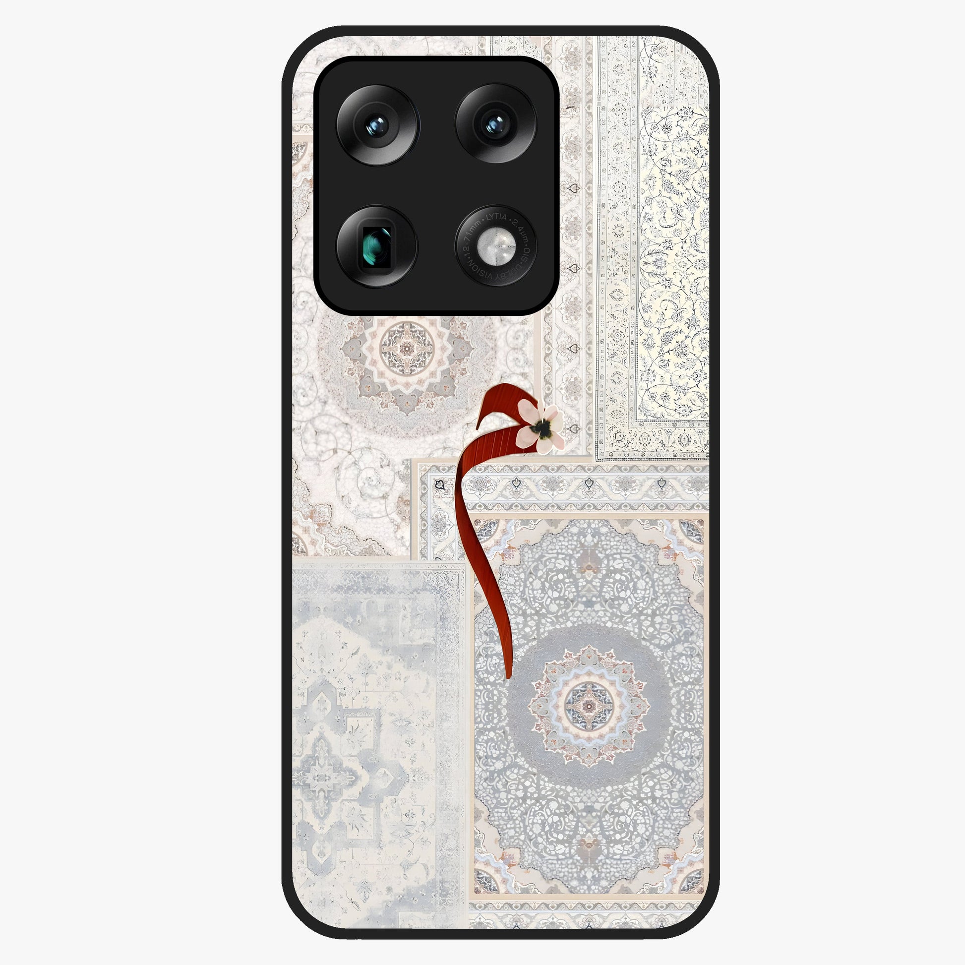 White Aesthetic Bow Glass Case showing flat back view with minimal bow artwork and glossy glass finish.