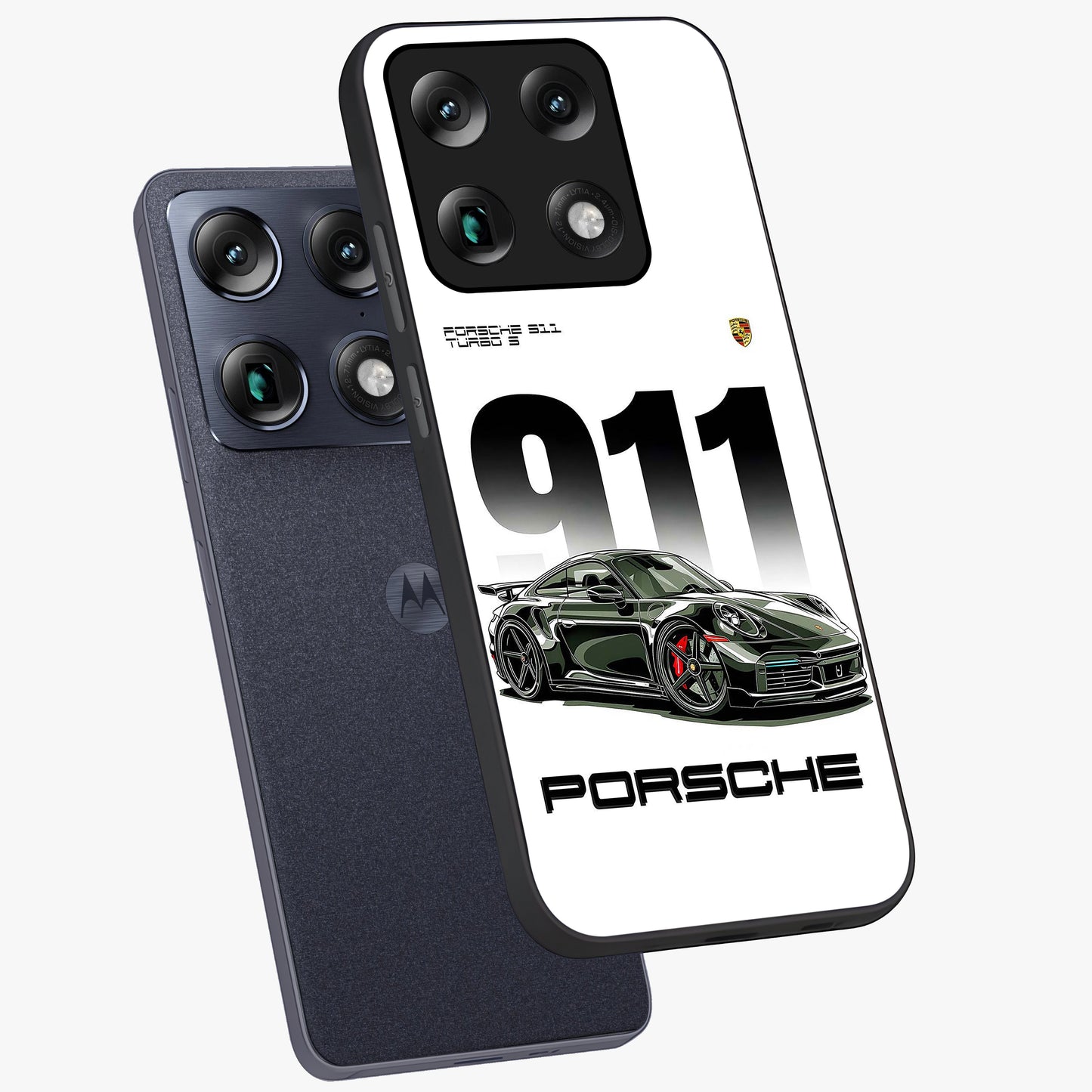 911 Turbo Dominance Glass Case displayed in premium angled mockup highlighting sporty car illustration and sleek glass surface.