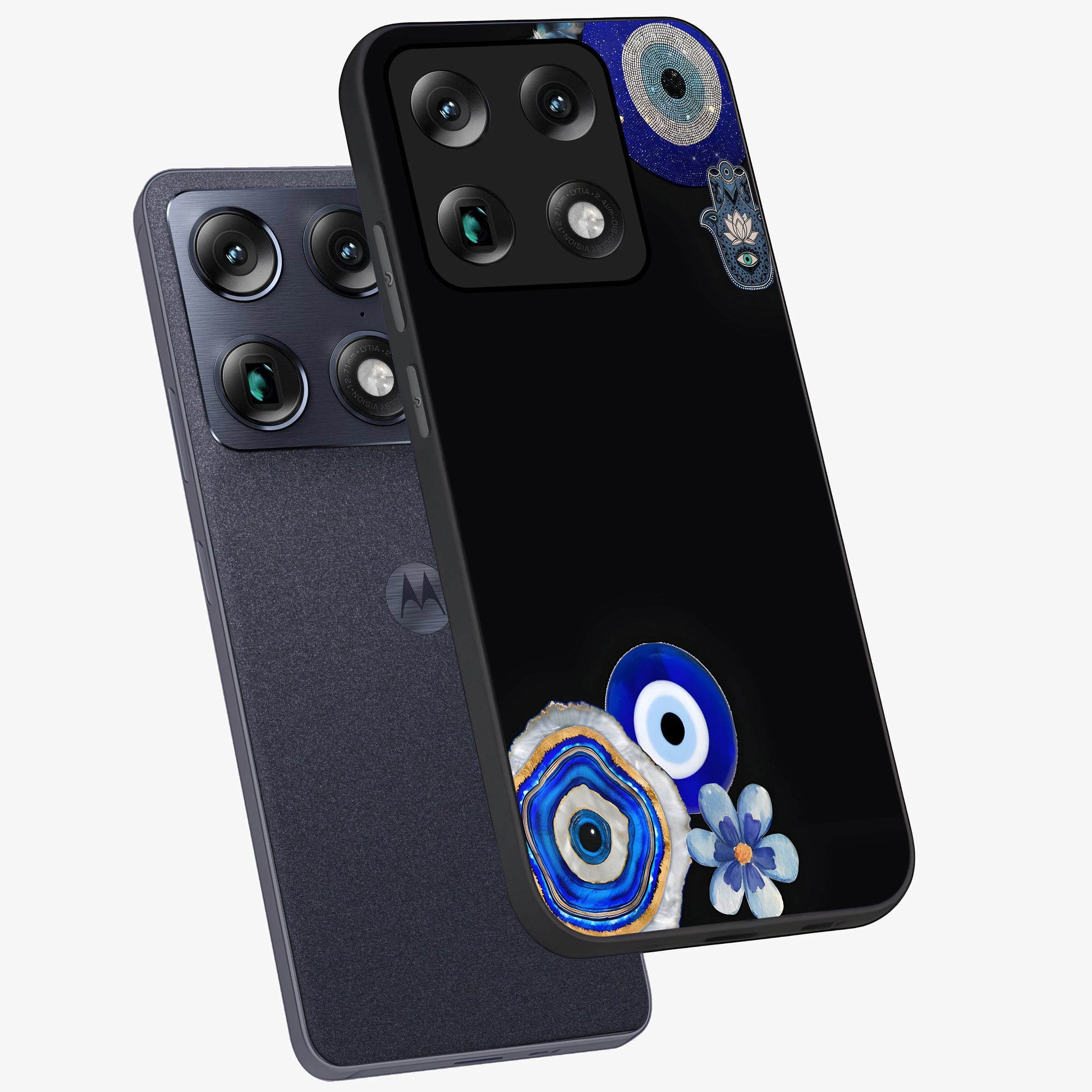 Aesthetic Blue Evil Eye Glass Case displayed in angled mockup highlighting blue evil eye symbol and spiritual aesthetic design.