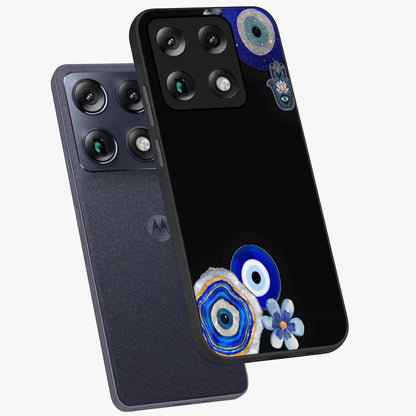 Aesthetic Blue Evil Eye Glass Case displayed in angled mockup highlighting blue evil eye symbol and spiritual aesthetic design.