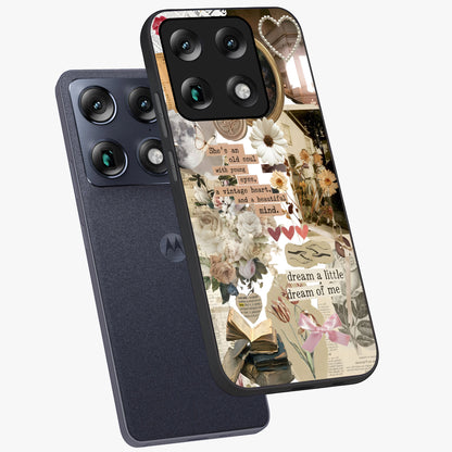 Aesthetic Brown Vintage Collage Glass Case displayed in angled mockup highlighting vintage aesthetic collage design.