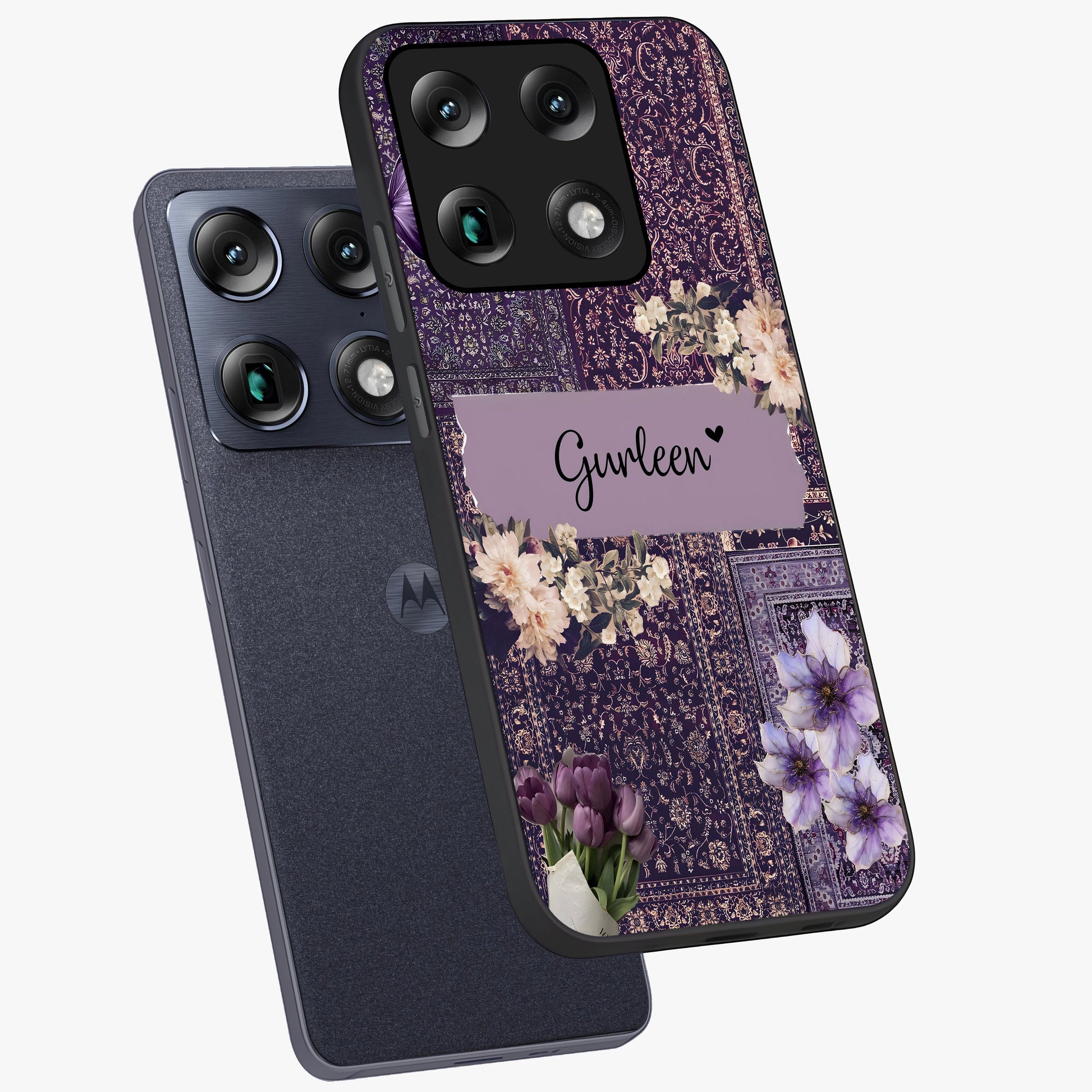 Antique Floral Whisper Custom Name Glass Case displayed in angled mockup highlighting elegant antique floral aesthetic.