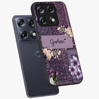 Antique Floral Whisper Custom Name Glass Case displayed in angled mockup highlighting elegant antique floral aesthetic.