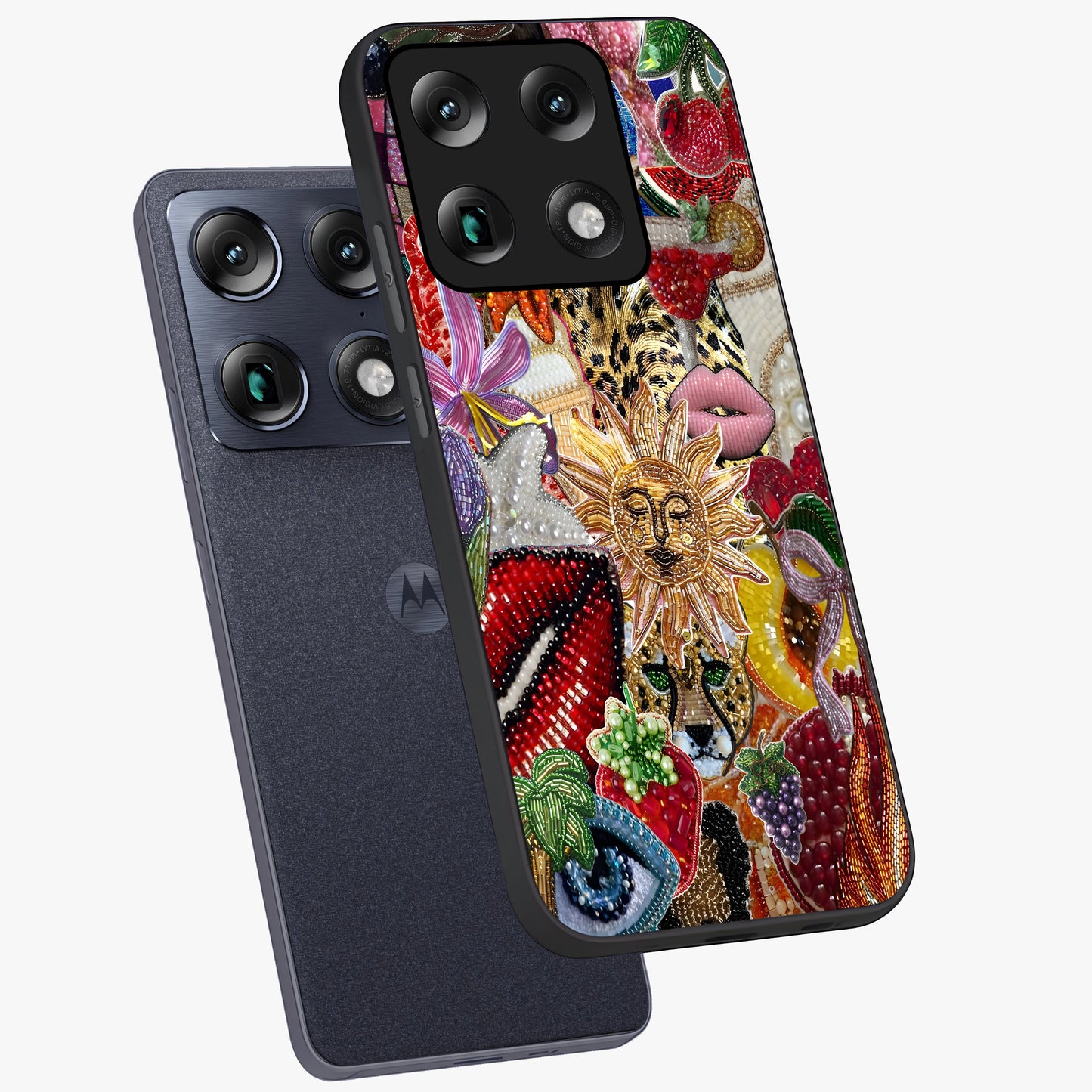 Beaded Fashion Jungle Glass Case displayed in angled mockup highlighting colorful fashion bead design and artistic pattern.