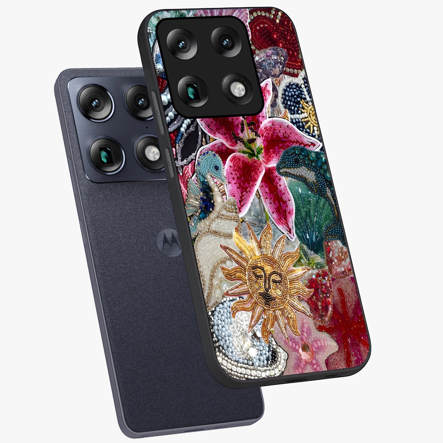 Beaded Garden Fantasy Glass Case displayed in angled mockup highlighting fantasy inspired floral bead pattern.