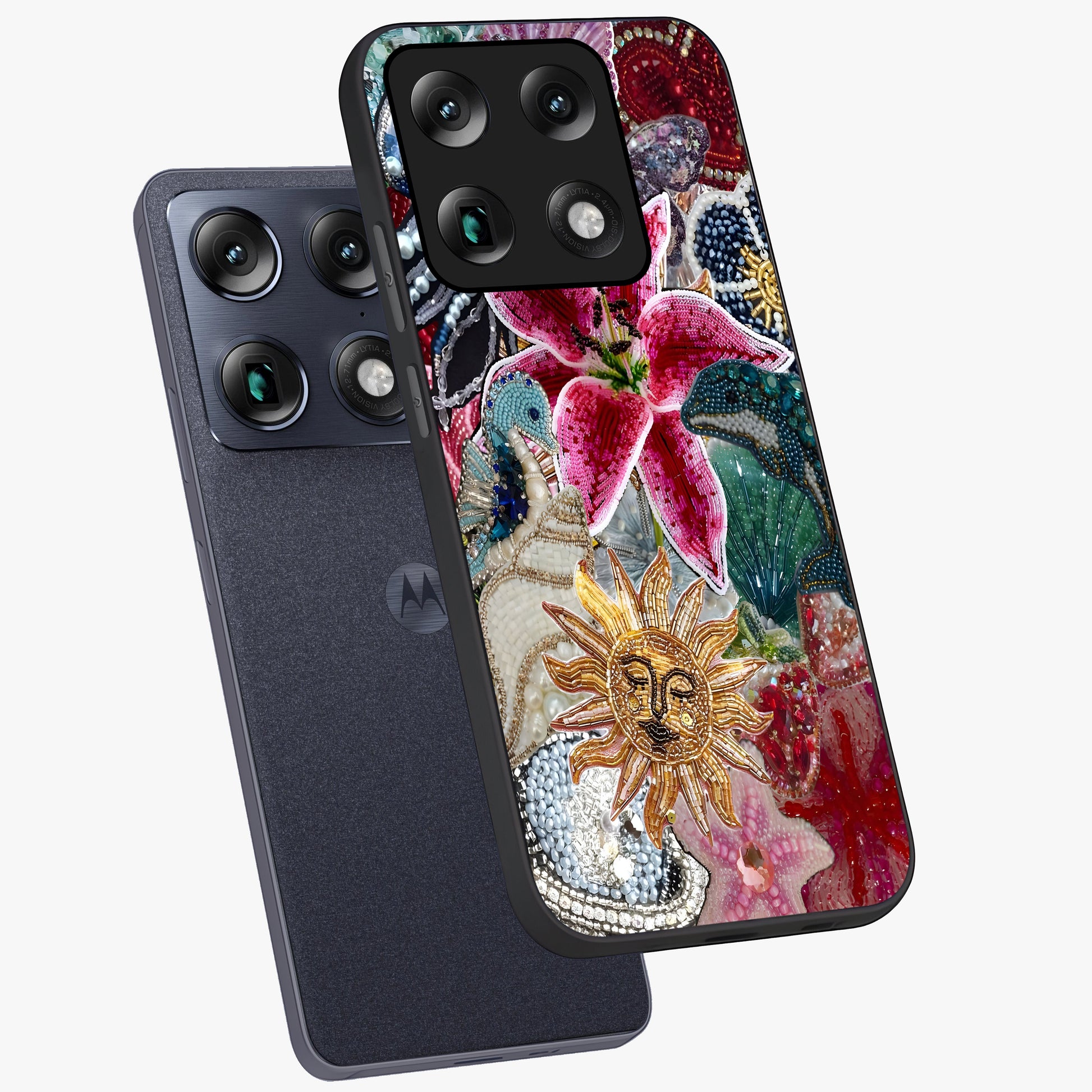 Beaded Garden Fantasy Glass Case displayed in angled mockup highlighting fantasy inspired floral bead pattern.