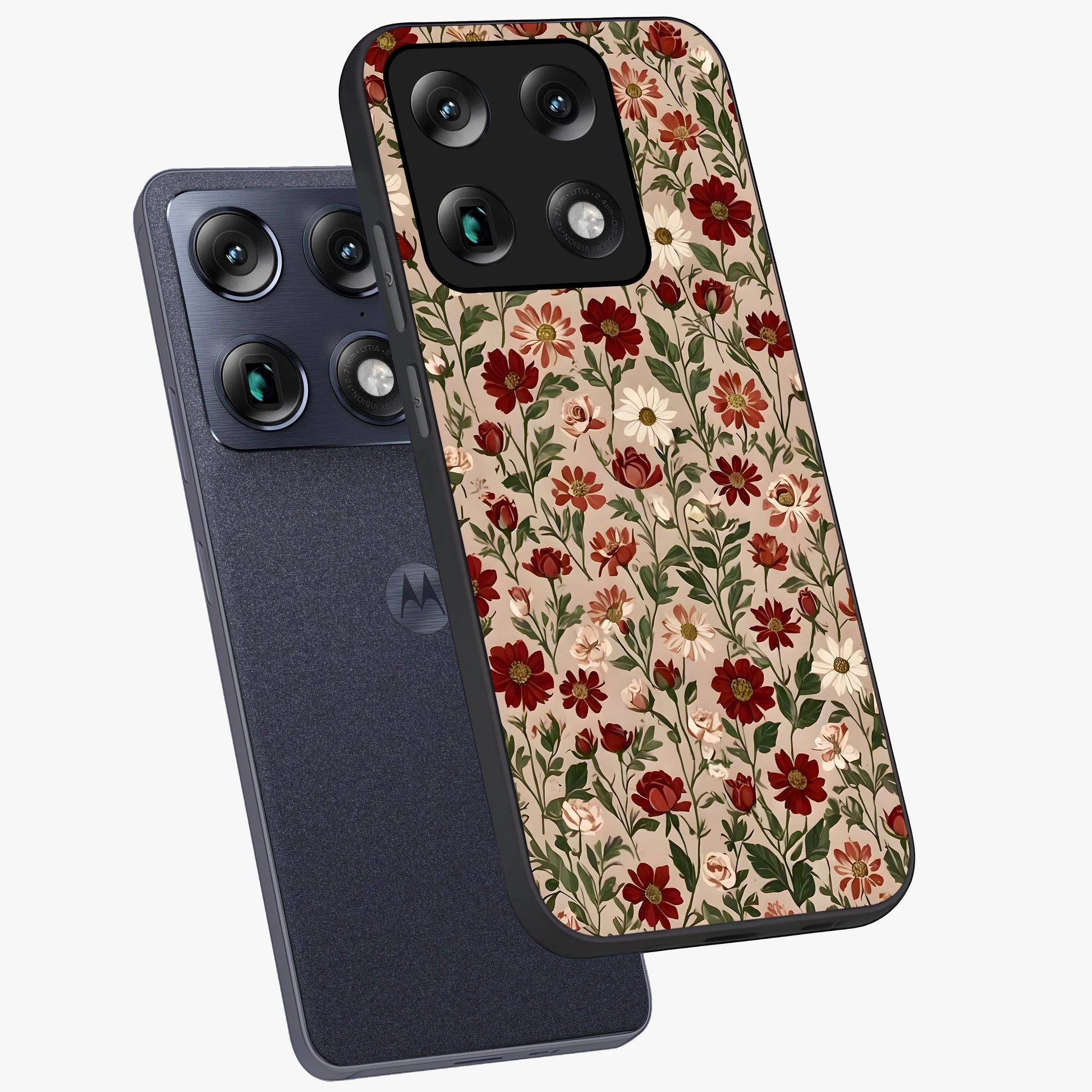 Biege Flower With Leaf Glass Case displayed in angled mockup highlighting minimal floral leaf design and elegant aesthetic.