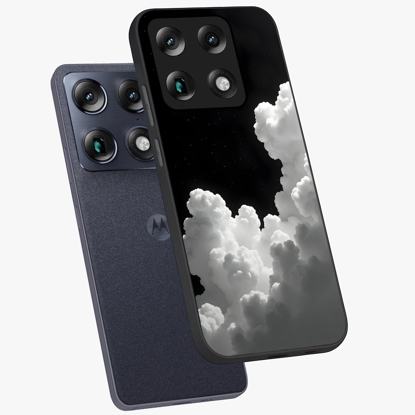 Black Background With White Cloud Glass Case displayed in angled mockup highlighting soft white cloud illustration and minimal design.