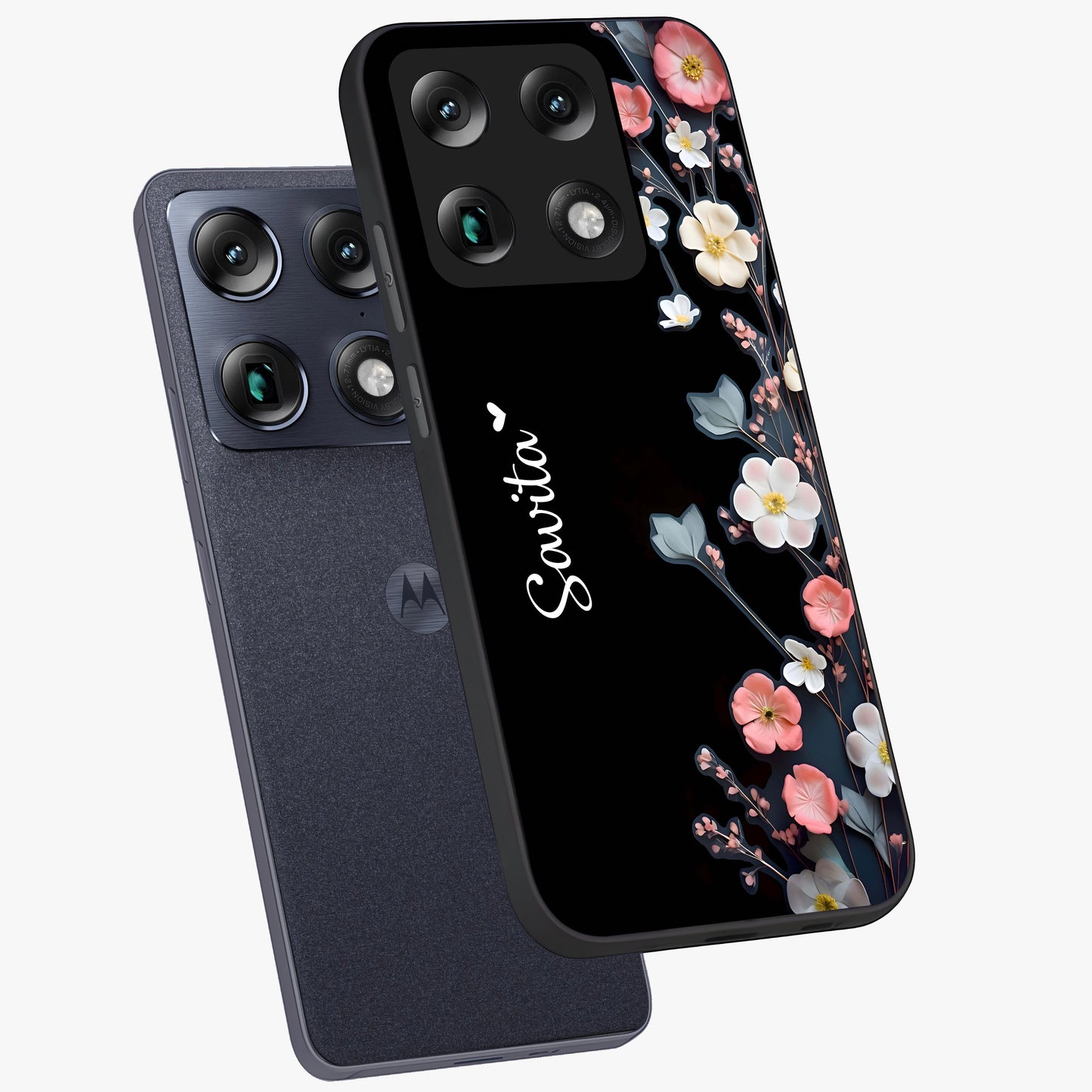 Black Elegance Floral Custom Name Glass Case displayed in angled mockup highlighting dark floral aesthetic and custom name feature.