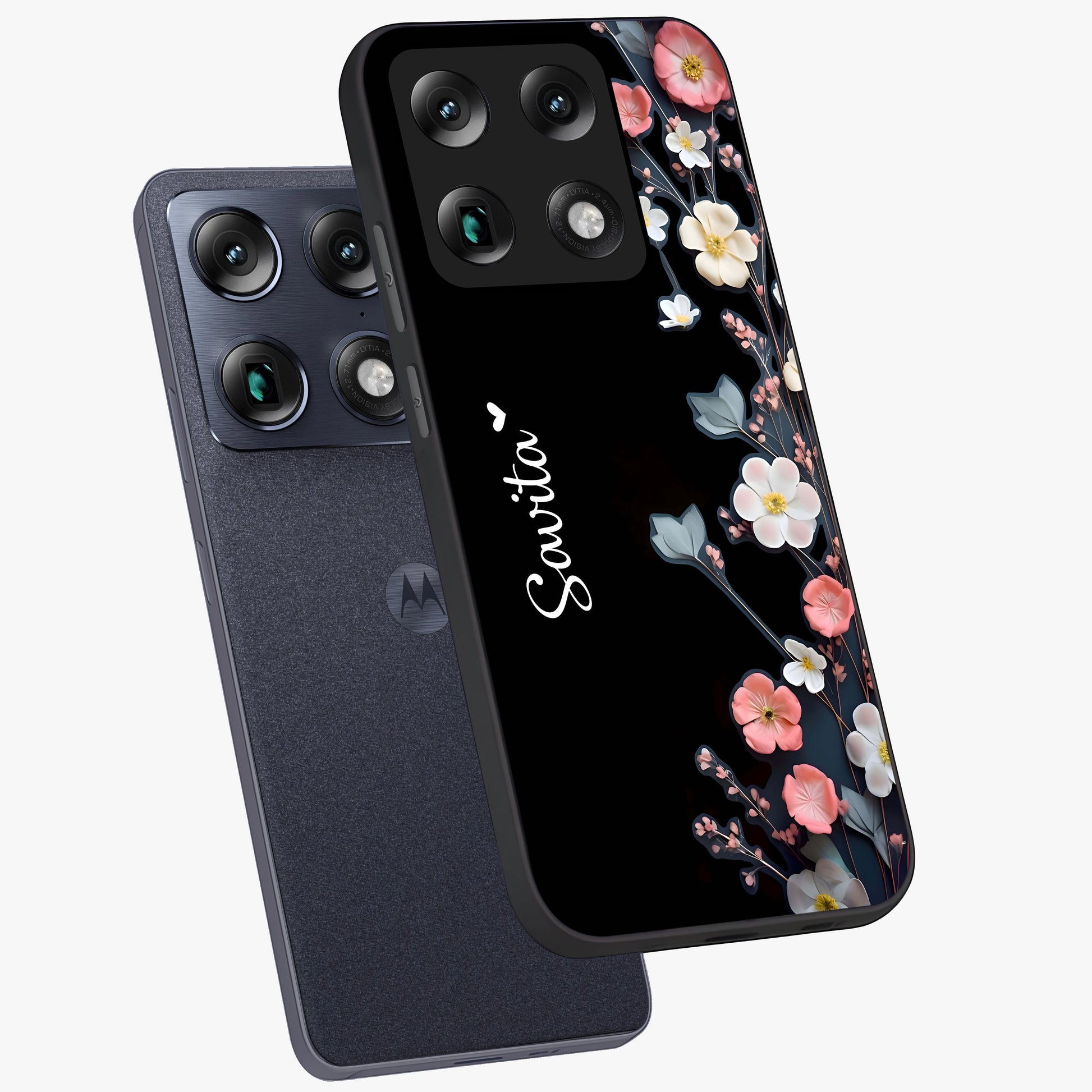 Black Elegance Floral Custom Name Glass Case displayed in angled mockup highlighting dark floral aesthetic and custom name feature.