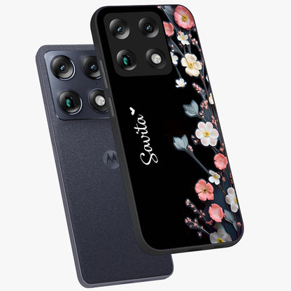 Black Elegance Floral Custom Name Glass Case displayed in angled mockup highlighting dark floral aesthetic and custom name feature.