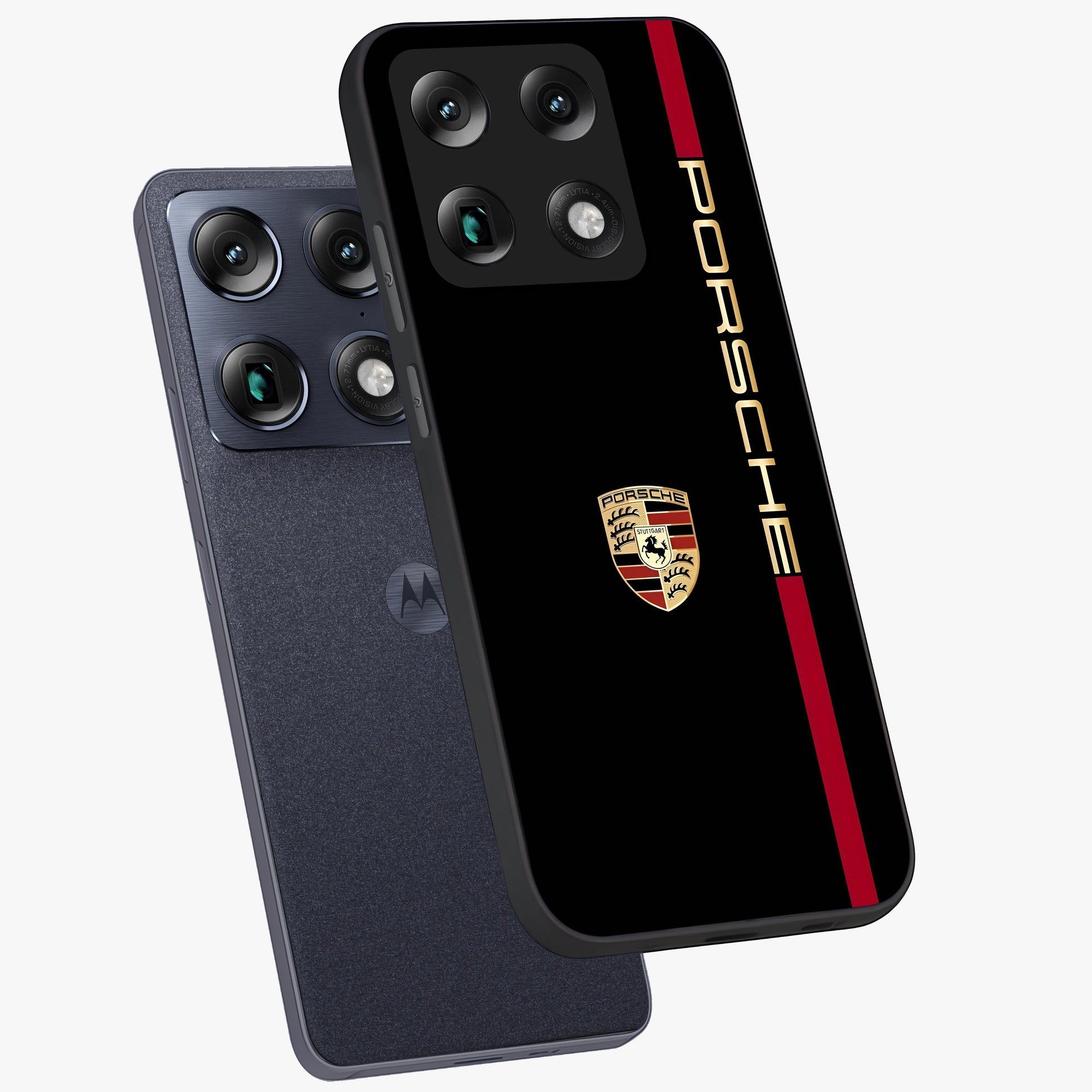 Black Minimal Porsche Glass Case displayed in angled mockup highlighting modern minimal car illustration and clean aesthetic design.